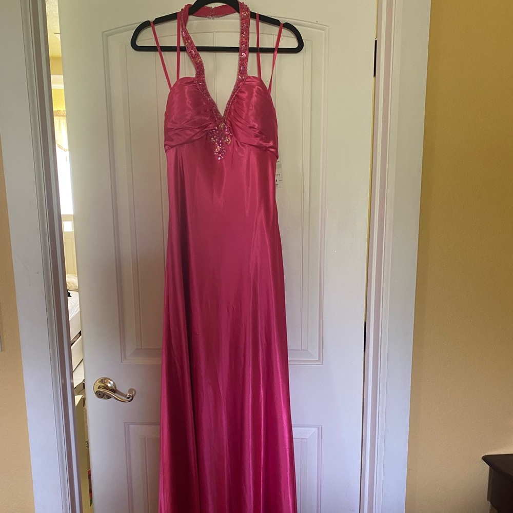 Strappy Pink Satin Evening Gown with Embellished Halter